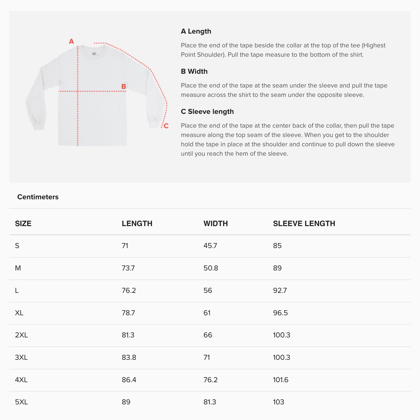 Size guide long sleeve T-shirt. www.arthodox.com