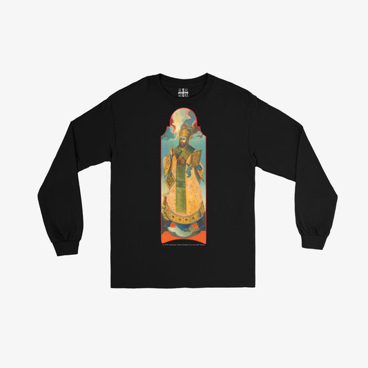 Black unisex longsleeve T-shirt with large print of rare Russian Orthodox church icon St Dmitry Rostovsky. www.arthodox.com